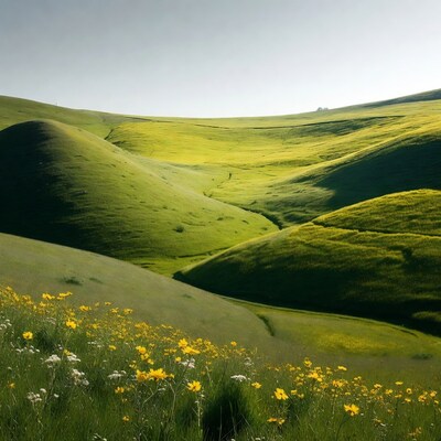 Rolling green hills with wildflowers