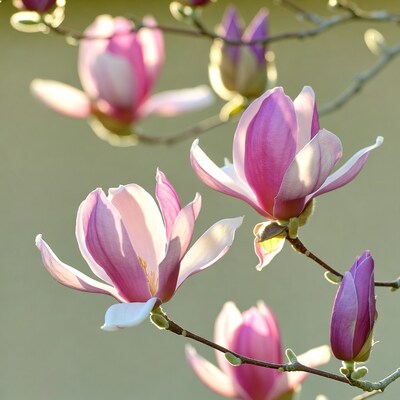 Pink magnolia flowers on branch