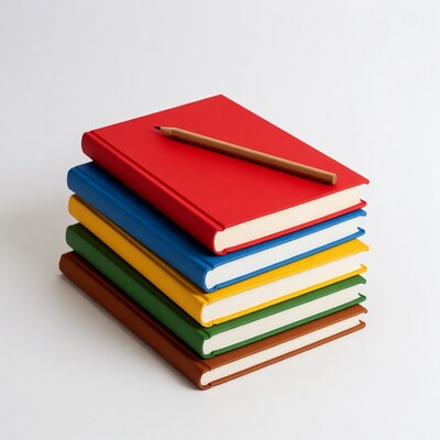 Stack of colorful notebooks with pencil