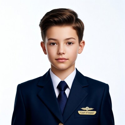 Young boy in flight attendant uniform