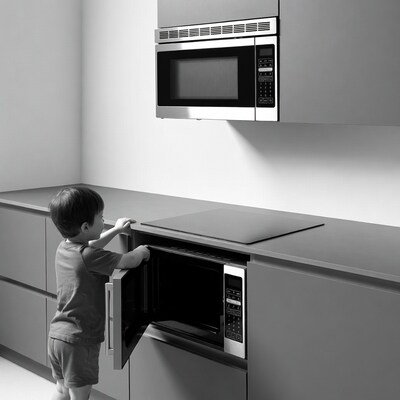 Child opening kitchen microwave
