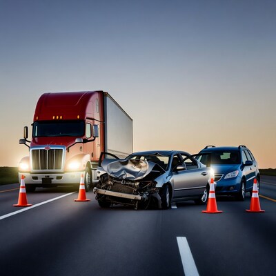 Red semi truck and car crash
