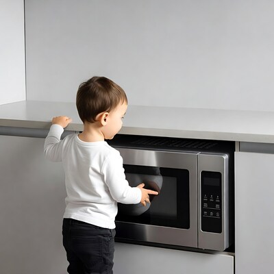 Toddler touching microwave in kitchen