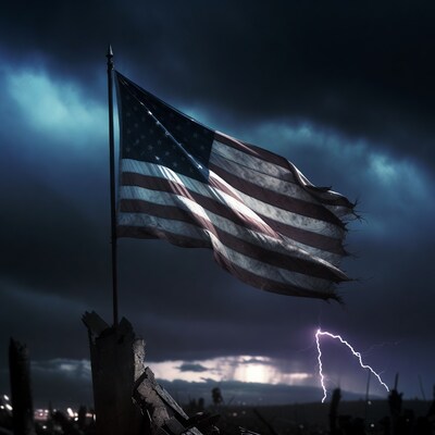 American flag on pole at night
