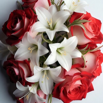 White lilies and red roses bouquet