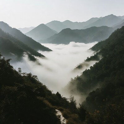 Mountain valley filled with fog