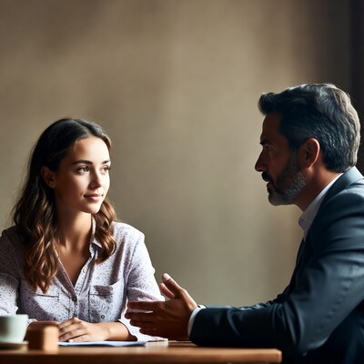 Woman and man talking at table