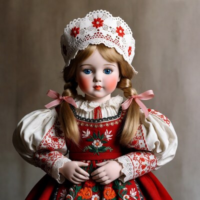 Vintage Doll in Red Folk Dress