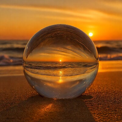 Glass sphere on beach at sunset
