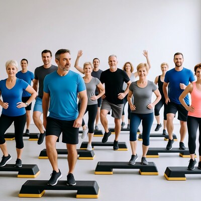Group doing step aerobics class