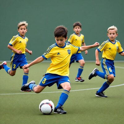 Boy kicking soccer ball