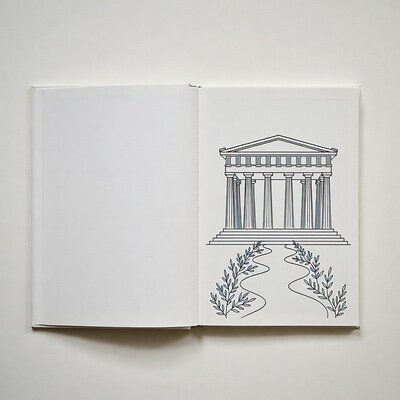 Open book with Greek temple drawing
