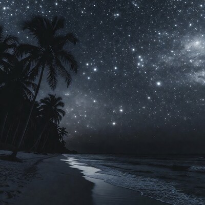 Tropical beach under starry night sky
