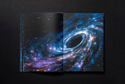 Open book showing galaxy and black hole