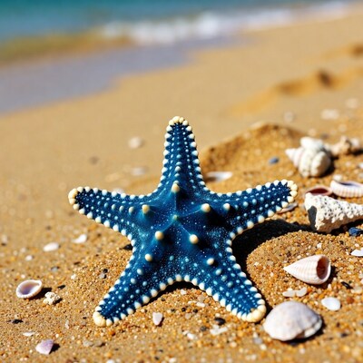 Blue starfish on sandy beach