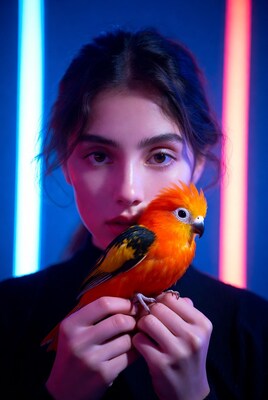 Woman holding orange bird