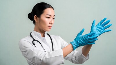 Asian woman doctor putting on gloves