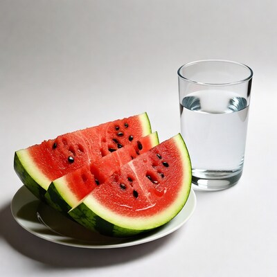 Watermelon slices with glass of water