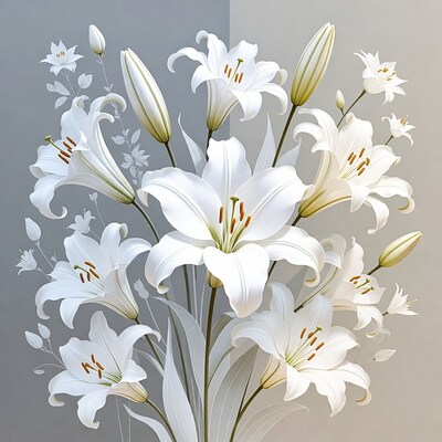 White lilies bouquet on gray background