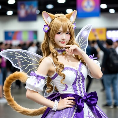 Cosplay woman with cat ears and wings