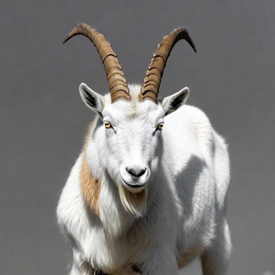 White goat with curved horns