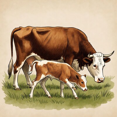 Cow and calf in grass