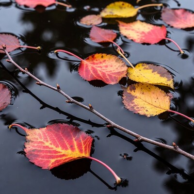 Autumn leaves floating on water
