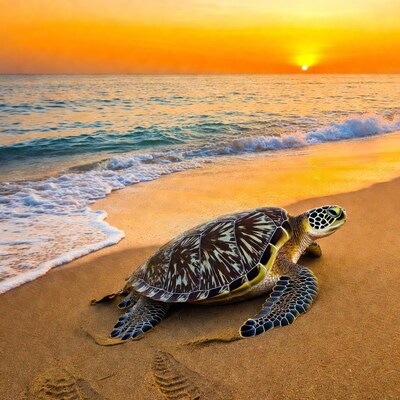 Sea turtle on beach at sunset