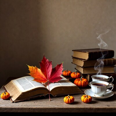 Open book with autumn leaf and pumpkins