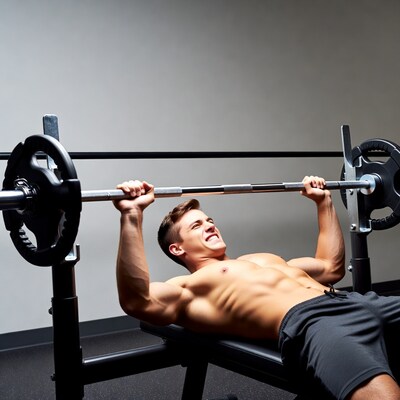 Muscular man bench pressing barbell