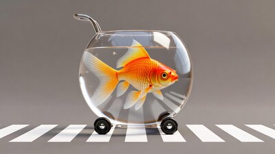 Goldfish in wheeled fishbowl