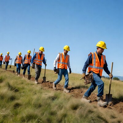 Construction workers walking with shovels