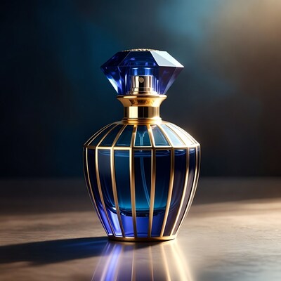 Blue perfume bottle with gold accents
