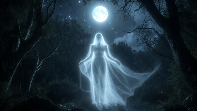 Ghostly woman in moonlit forest
