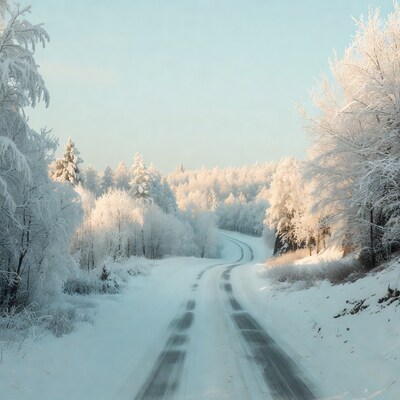 Snowy road through winter forest