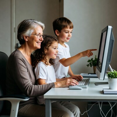 Grandmother and children using computer
