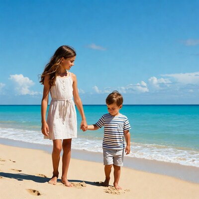 Girl and boy holding hands on beach