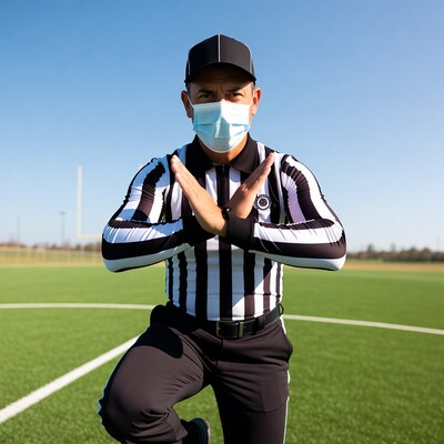 Referee making stop gesture on field