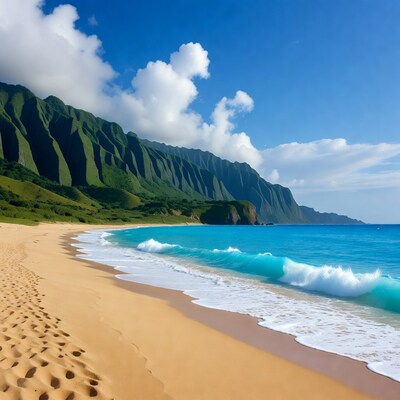 Tropical beach with green mountains