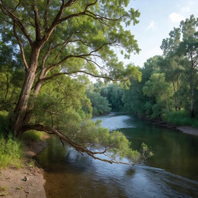 River flowing through lush green forest