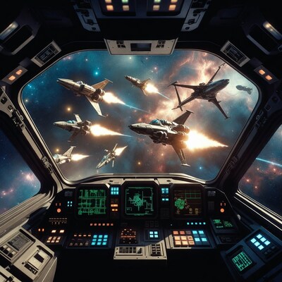 Spaceship cockpit view of space battle