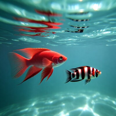 Red fish and striped fish underwater