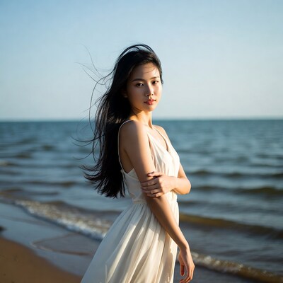 Asian woman in white dress on beach