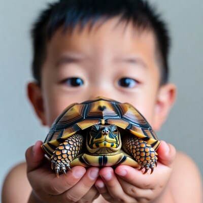 Boy holding colorful turtle