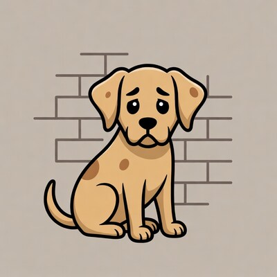 Sad puppy sitting by brick wall