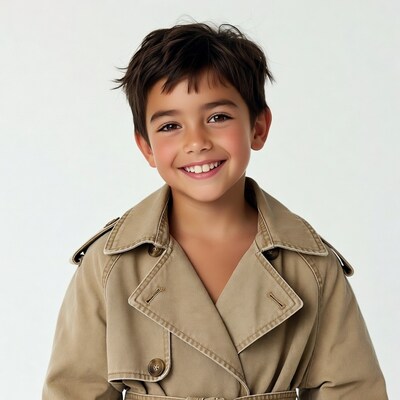 Smiling boy in beige trench coat