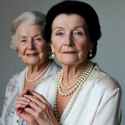 Elderly women wearing pearl necklaces