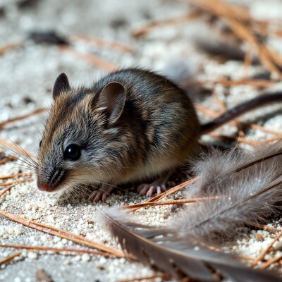 Mouse on sandy ground with feathers
