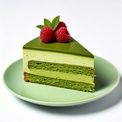 Matcha cake slice with raspberries
