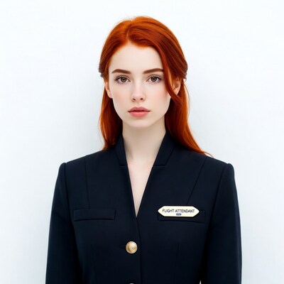Redhead flight attendant in uniform